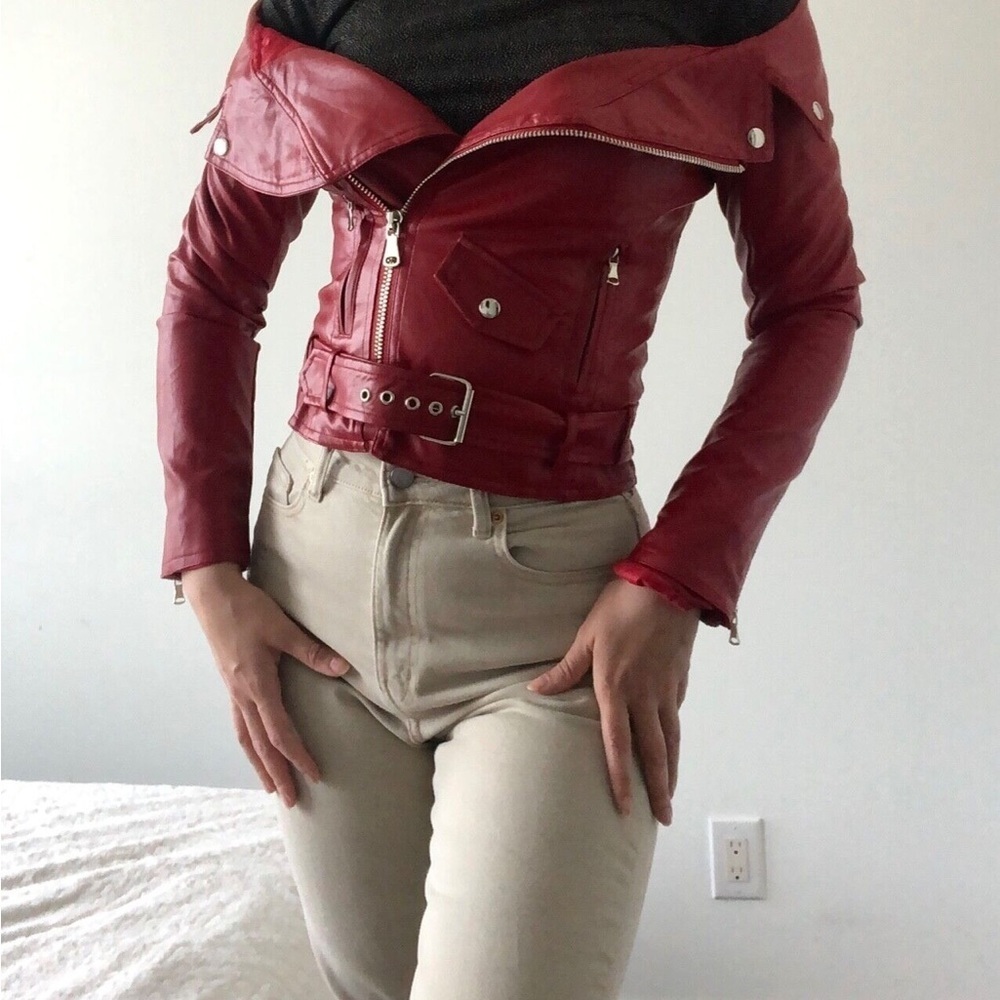 Casting LA red faux leather off the shoulder moto jacket biker XS sexy club nigh